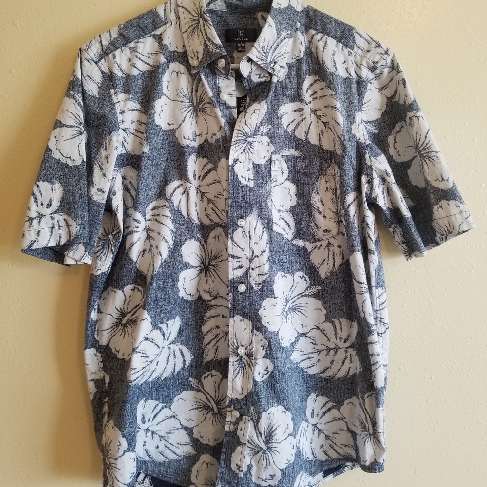 George button up blue Hawaiian shirt M